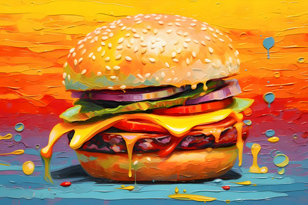 Tasty burger with cheese, lettuce, sauce, and bacon on a black background. Perfect combination of flavors and textures for a satisfying meal.の写真素材