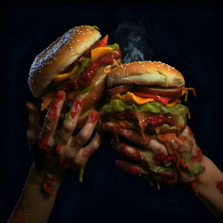 Two mouthwatering hamburgers held in dirty hands, creating a striking contrast against the black background. A gritty and captivating image that captures the essence of indulgence.の写真素材