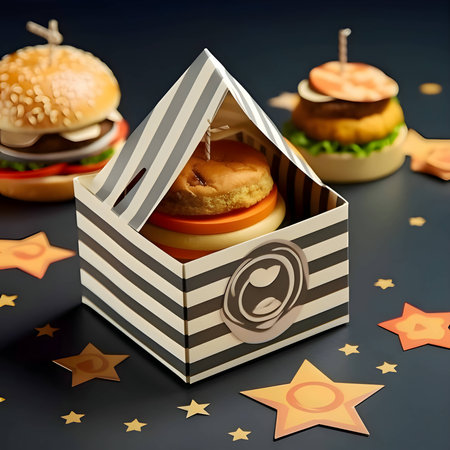 Elegant burger box - an illustrative masterpiece with stars and two tantalizing burgers in the background. A visual delight for burger enthusiasts.の写真素材