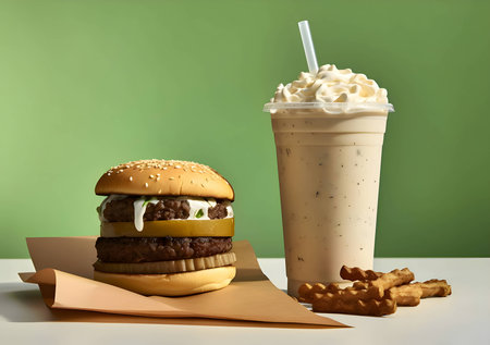 Against a captivating green background, a mouthwatering hamburger, accompanied by a creamy shake and a side of golden fries.の写真素材