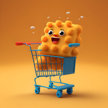 A playful cartoon chicken nugget happily riding in a shopping cart, ready to be enjoyed.のイラスト素材