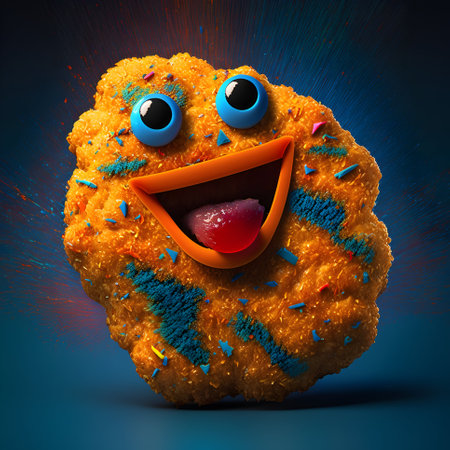 Playful and cheerful chicken nuggets dancing and smiling on a vibrant blue background, spreading joy...
