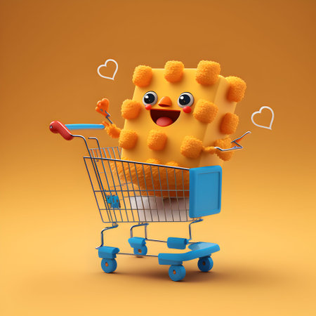 A playful cartoon chicken nugget happily riding in a shopping cart, ready to be enjoyed.のイラスト素材