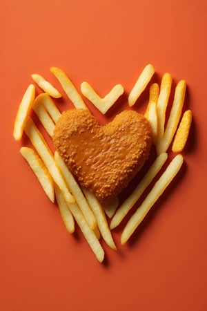 An adorable illustration featuring heart-shaped chicken nuggets served alongside crispy golden fries.のイラスト素材