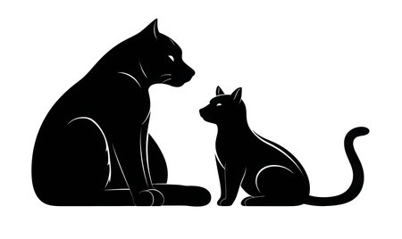Vector illustration of a two cats in black silhouette against a clean white background, capturing graceful forms.のイラスト素材