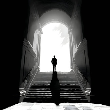 Vector illustration of a man walking on stairs in black silhouette against a clean white background, capturing graceful forms.のイラスト素材