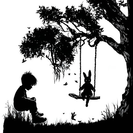 Vector illustration of a boy and a bunny on a swing in black silhouette against a clean white background, capturing graceful forms.のイラスト素材
