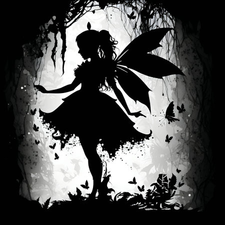 Vector illustration of a fairy in black silhouette against a clean white background, capturing graceful forms.のイラスト素材