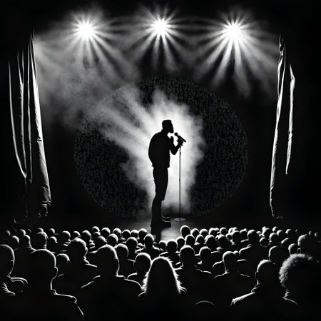 Vector illustration of a singer on stage in black silhouette against a clean black background, capturing graceful forms.のイラスト素材