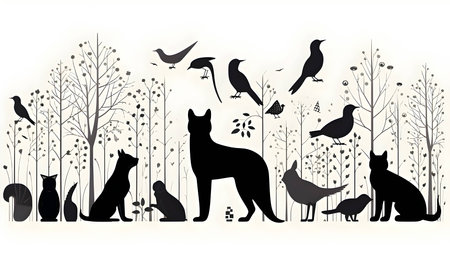 Vector illustration of many cats and birds in black silhouette against a clean white background, capturing graceful forms.のイラスト素材