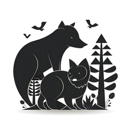 Vector illustration of a two foxes in black silhouette against a clean white background, capturing graceful forms.のイラスト素材
