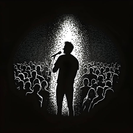 Vector illustration of a singer on stage in black silhouette against a clean black background, capturing graceful forms.のイラスト素材