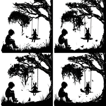 Vector illustration of a boy and a bunny on a swing in black silhouette against a clean white background, capturing graceful forms.のイラスト素材