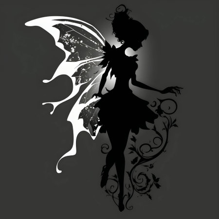 Vector illustration of a fairy in black silhouette against a clean gray background, capturing graceful forms.のイラスト素材