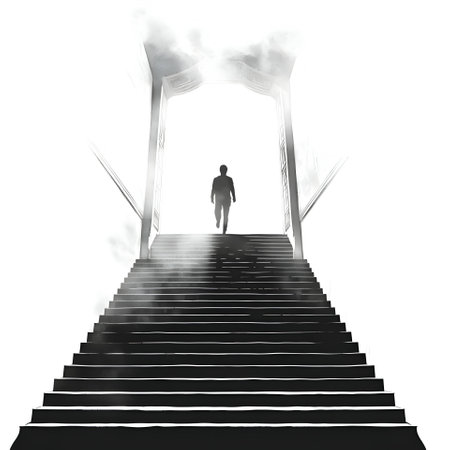 Vector illustration of a man walking on stairs in black silhouette against a clean white background, capturing graceful forms.のイラスト素材