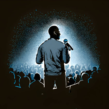Vector illustration of a singer on stage in black silhouette against a clean black background, capturing graceful forms.のイラスト素材