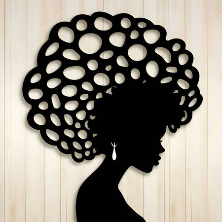 Vector illustration of a woman with afro-textured hair in black silhouette against a clean white background, capturing graceful forms.のイラスト素材