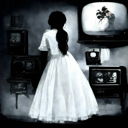 Vector illustration of a girl and tv in black silhouette against a clean white background, capturing graceful forms.のイラスト素材
