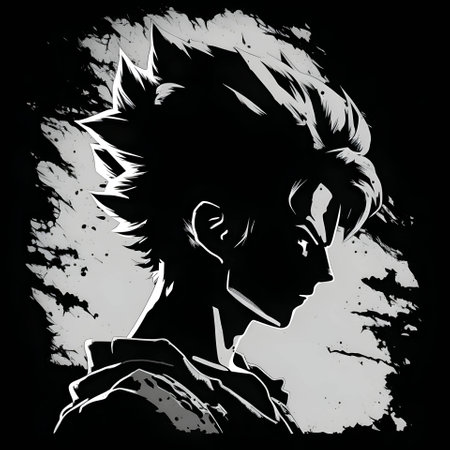 Vector illustration of a warrior boy in black silhouette against a clean white background, capturing graceful forms.のイラスト素材