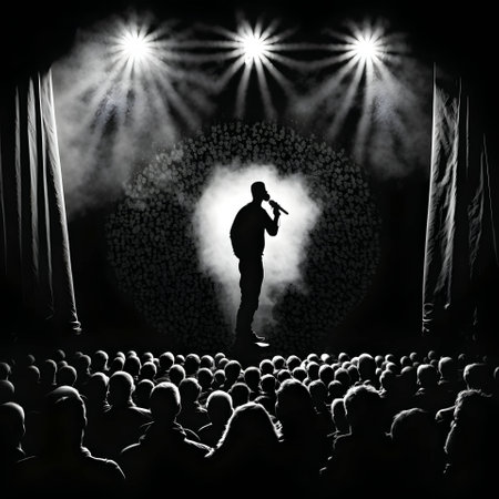 Vector illustration of a singer on stage in black silhouette against a clean black background, capturing graceful forms.のイラスト素材