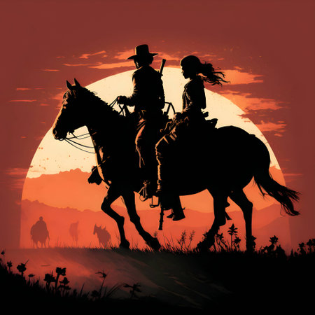 Vector illustration of a man and woman on horseback in black silhouette against a clean red background, capturing graceful forms.のイラスト素材