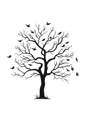 Vector illustration of a trees with birds in black silhouette against a clean white background, capturing graceful forms.のイラスト素材
