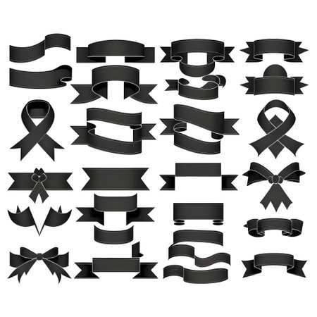 Vector illustration of a set of ribbons in black silhouette against a clean white background, capturing graceful forms.のイラスト素材