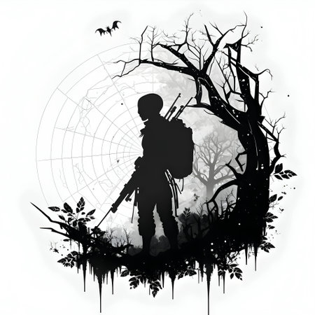 Vector illustration of a sniper in black silhouette against a clean white background, capturing graceful forms.のイラスト素材