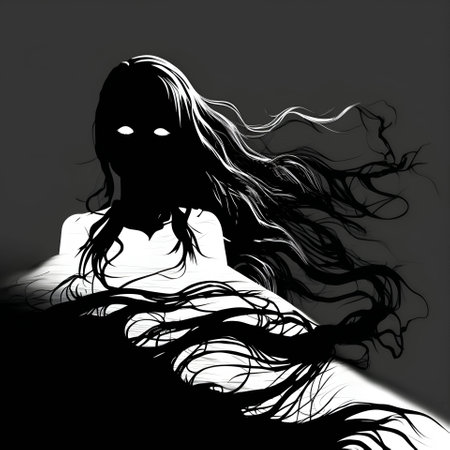 Vector illustration of a demonic woman in black silhouette against a clean gray background, capturing graceful forms.のイラスト素材