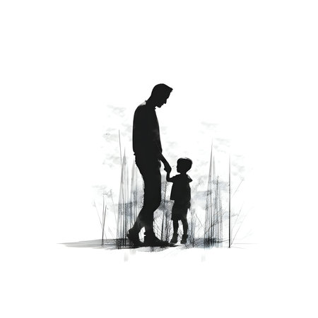 Vector illustration of father and son in black silhouette against a clean white background, capturing graceful forms.のイラスト素材