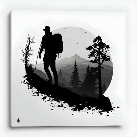 Vector illustration of a man walking on the mountains in black silhouette against a clean white background, capturing graceful forms.のイラスト素材