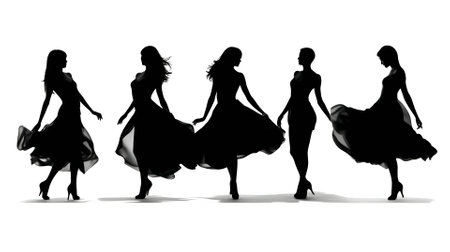 Vector illustration of dancing girls in black silhouette against a clean white background, capturing graceful forms.のイラスト素材