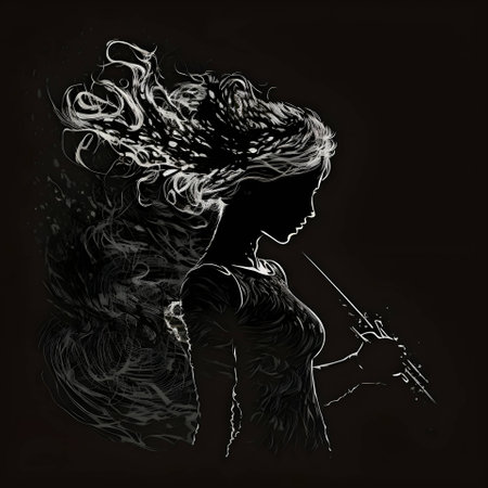 Vector illustration of a girl with long hair in black silhouette against a clean black background, capturing graceful forms.のイラスト素材