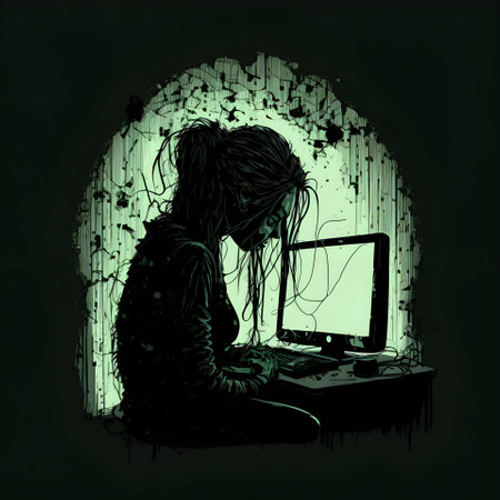 Vector illustration of a girls in front of the monitor in black silhouette against a clean green background, capturing graceful forms.のイラスト素材