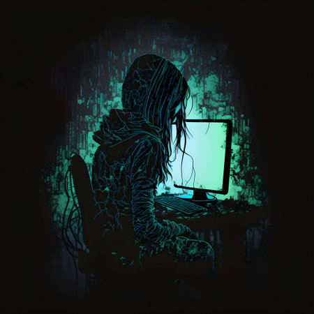 Vector illustration of a girls in front of the monitor in black silhouette against a clean green background, capturing graceful forms.のイラスト素材