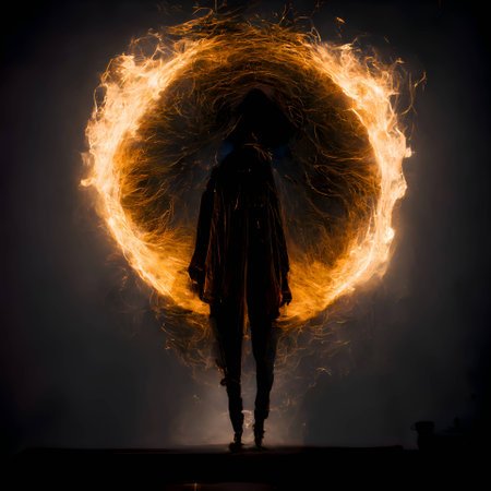 Vector illustration of a great person and fireball in black silhouette against a clean white background, capturing graceful forms.のイラスト素材