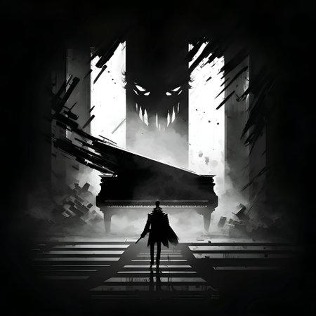 Vector illustration of a man and a piano in black silhouette against a clean gloomy background, capturing graceful forms.のイラスト素材