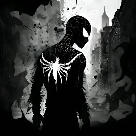 Vector illustration of a spider man in black silhouette against a clean white background, capturing graceful forms.のイラスト素材