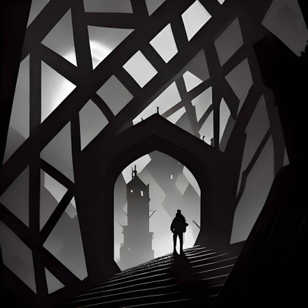 Vector illustration of a man in an abandoned building in black silhouette against a clean gloomy background, capturing graceful forms.のイラスト素材