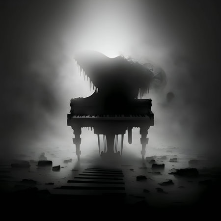 Vector illustration of a piano in black silhouette against a clean gloomy background, capturing graceful forms.のイラスト素材