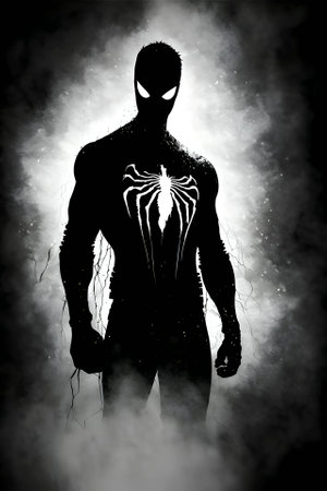 Vector illustration of a spider man in black silhouette against a clean white background, capturing graceful forms.のイラスト素材