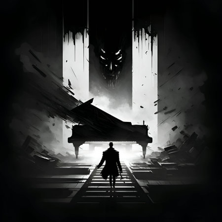 Vector illustration of a man and a piano in black silhouette against a clean gloomy background, capturing graceful forms.のイラスト素材