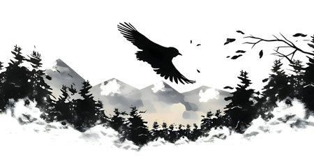 Vector illustration of a flying bird in black silhouette against a clean white background, capturing graceful forms.のイラスト素材