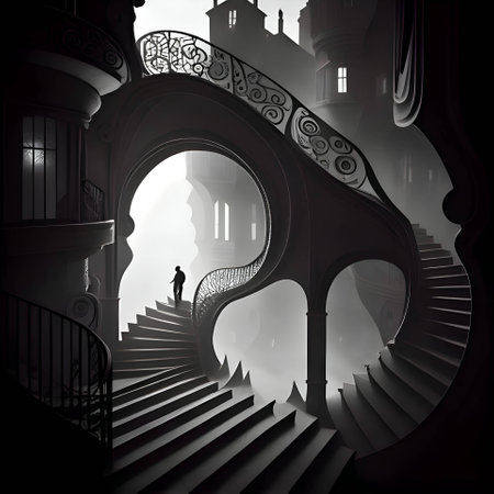 Vector illustration of a man in an abandoned building in black silhouette against a clean gloomy background, capturing graceful forms.のイラスト素材