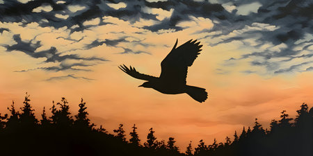 Vector illustration of a flying bird in black silhouette against a clean sunset background, capturing graceful forms.のイラスト素材