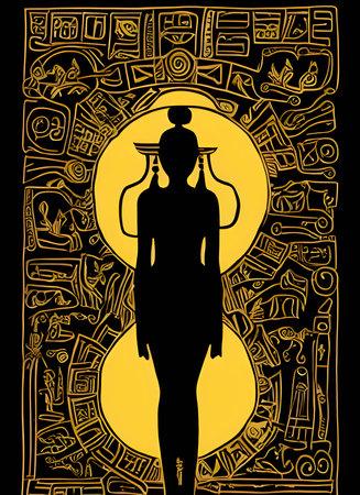 Vector illustration of an ancient egyptian god in black silhouette against a clean yellow and black background, capturing graceful forms.のイラスト素材