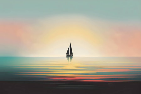 Vector illustration of a sailboat in black silhouette against a clean sunset background, capturing graceful forms.のイラスト素材