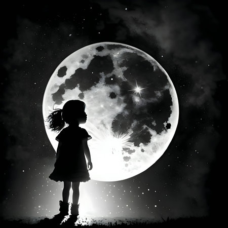Vector illustration of the girl and the moon in black silhouette against a clean white background, capturing graceful forms.のイラスト素材