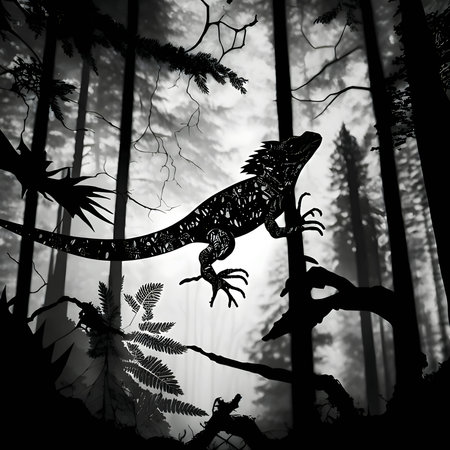 Vector illustration of a lizard in black silhouette against a clean white background, capturing graceful forms.のイラスト素材