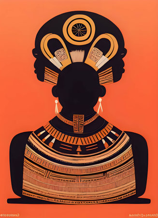 Vector illustration of an ancient egyptian god in black silhouette against a clean orange background, capturing graceful forms.のイラスト素材